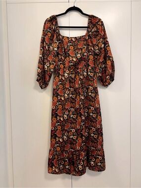 Collective Concepts Floral Square-Neck Midi Dress in Black, Rust and Cream